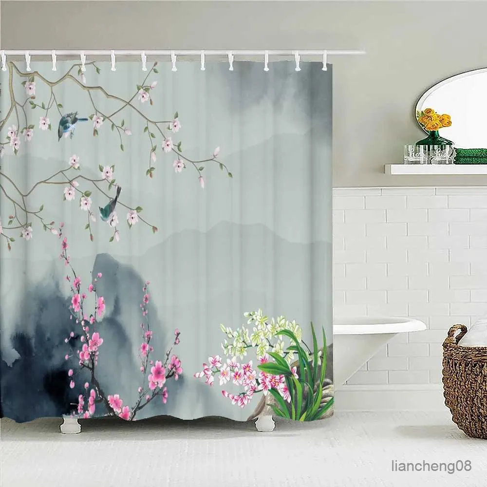 Rideaux de douche rideau de salle de bain paysage chinois 3d Style de style japonais oiseaux fleuris