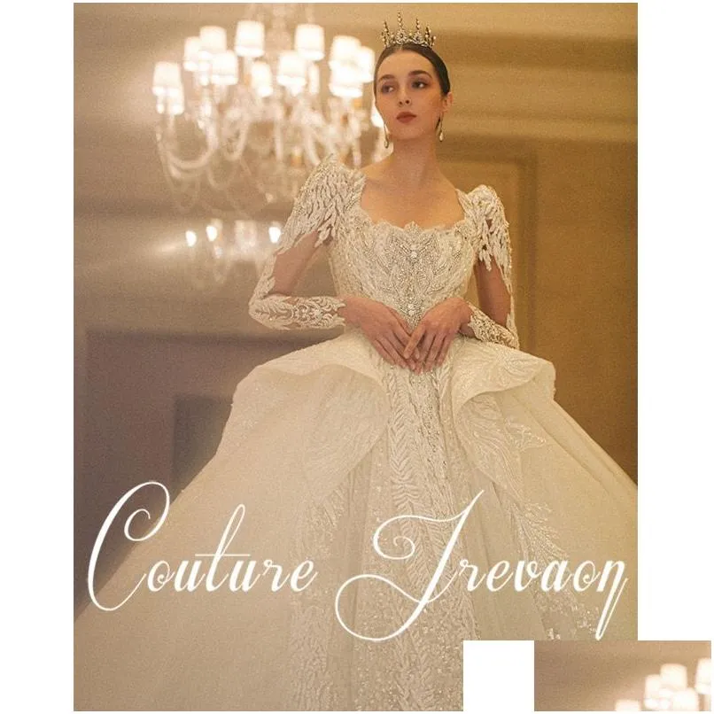 A-Line Wedding Dresses Lace Long Sleeves Pearls Tle Princess Bridal Ball Gowns Sweep Train Plus Size Country Vintage Illusion Boho Boh Otgaf