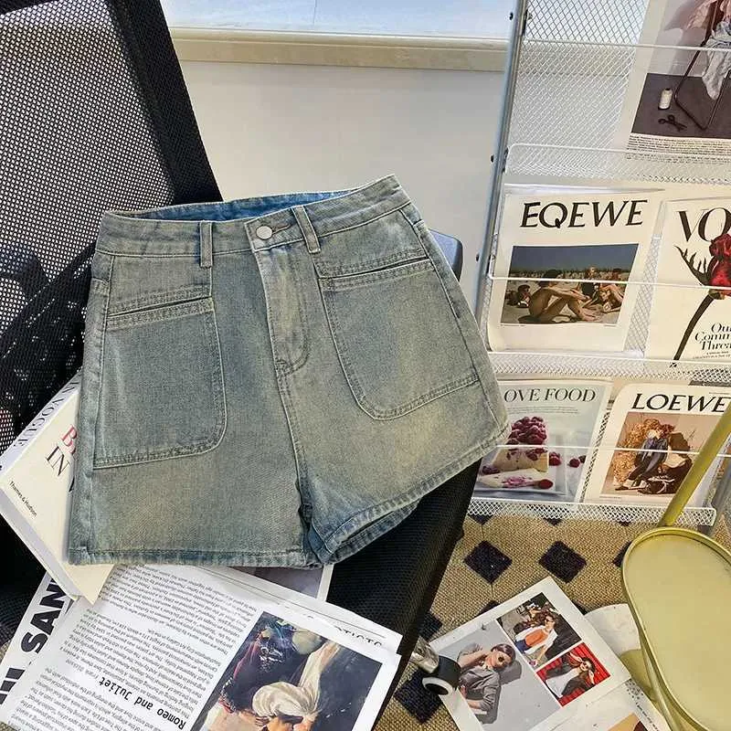 Kobiety damskie sprogramki dżinsowe dżinsowe damskie 2024 Summer cienki wysoki talia vintage szeroka noga gorąca spodnie niebieskie szorty dżinsowe Y240425