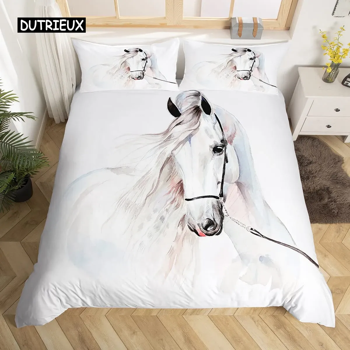 Ensemble de couvercle de couette à cheval blanc