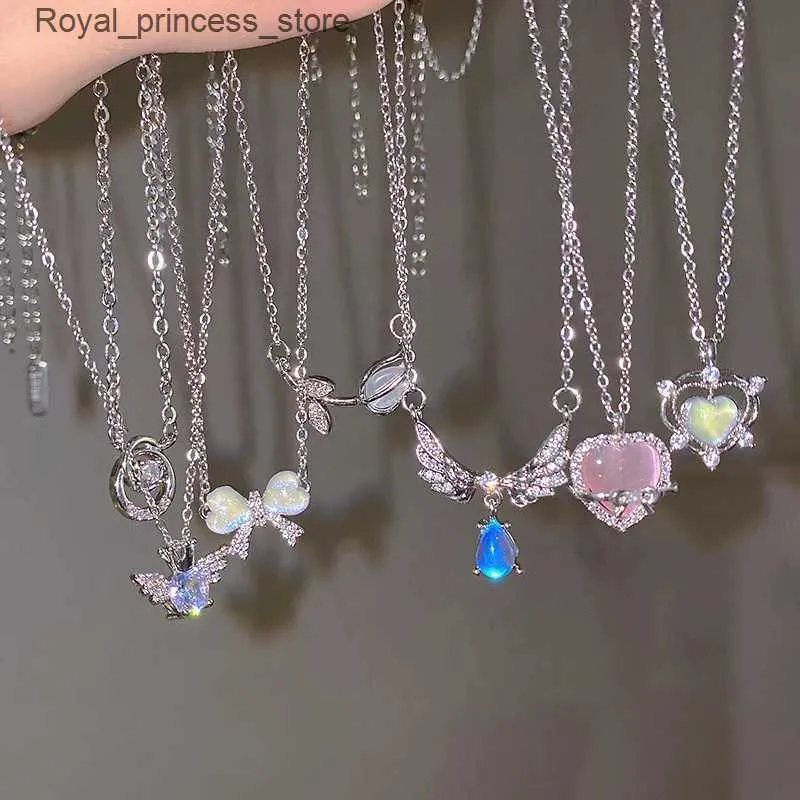 Подвесные ожерелья Y2K Crystal Bow Angel Крыло крыло подвесное ожерелье в форме сердца, подходящее для женщин сладкие и крутые девушки Kravik Chain Fashion Q240426