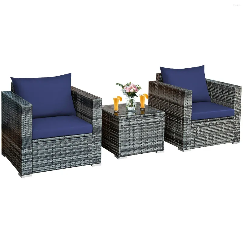 Camp Furniture Patiojoy 3 PC Patio Rattan Bistro Zestaw amortyzowany sofa stół krzesełka marynarki wojennej