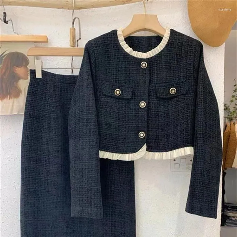 Work Dresses Woman's Fragrance Clip Cotton Wood Ear Stitching Tweed Coat Skirt Suit Retro Single-breasted Woolen Overskirt Two-piece Set