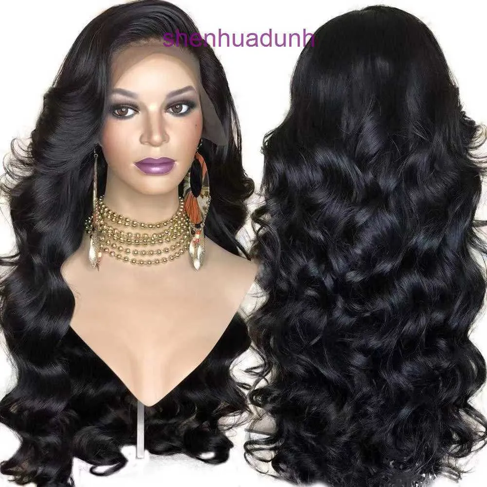 Front lace wig womens long curly hair front black split large wave chemical fiber headgear