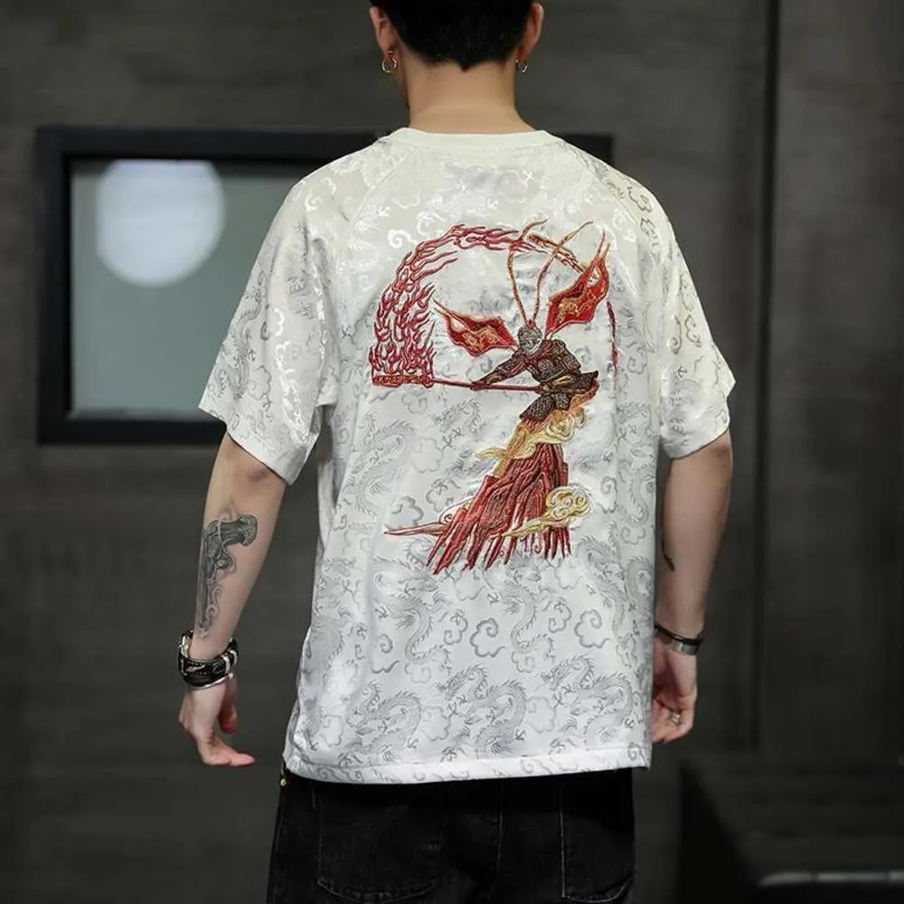 QITIAN VASHENG STYL STYL STYL MĘKOWE Krótkie T-shirt Ice Silk Chin China-Chic Sun Wukong Gape Hafdery przemysłu ciężkie
