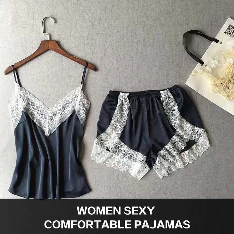Apresenta de sono feminino de duas peças mulheres sexy slpwear cetim pijama conjunto de lacas brancas pijamas de decote em vil de pijamas de fêmea fofa feminina de slping y240426