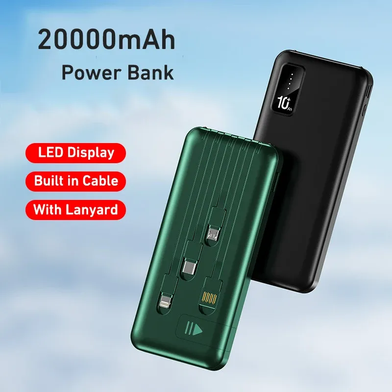 Chargers 20000mAh Power Bank Built in Cable Portable Charger External Battery Pack for Samsung S23 Huawei Xiaomi iPhone 14 13 Powerabank