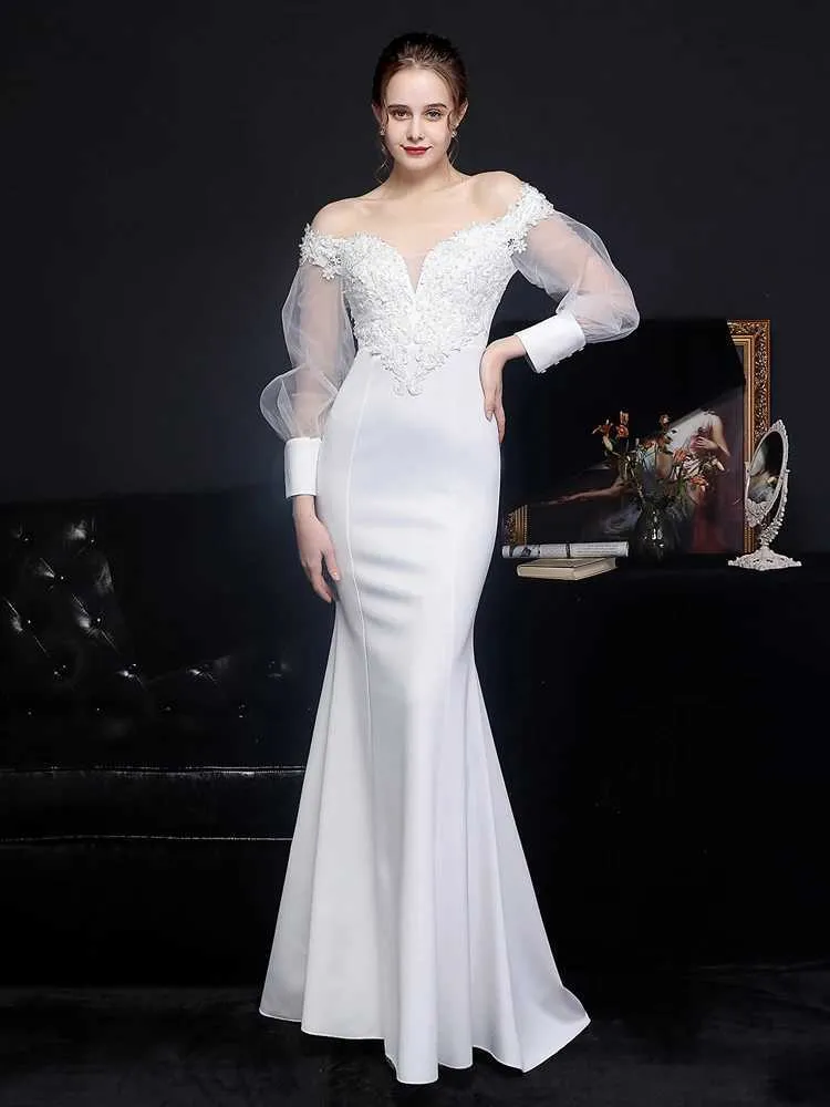 Runway Dresses YIDINGZS Elegant White Satin Appliques Beading Wedding Dress Women S through Tulle Long Slve Party Dress Y240426