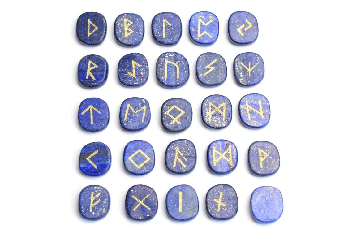 25 pieces Natural Lapis Lazuli Carved Crystal Reiki Healing Palm Stones Engraved Pagan Lettering Wiccan Rune Stones Set with a Fre8141764