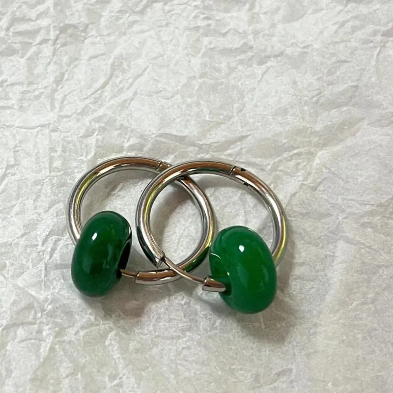 Stud Earrings Unique Green Jade Round Stainless Steel Hoop For Women Vintage Elegant Earclip Statement Jewelry