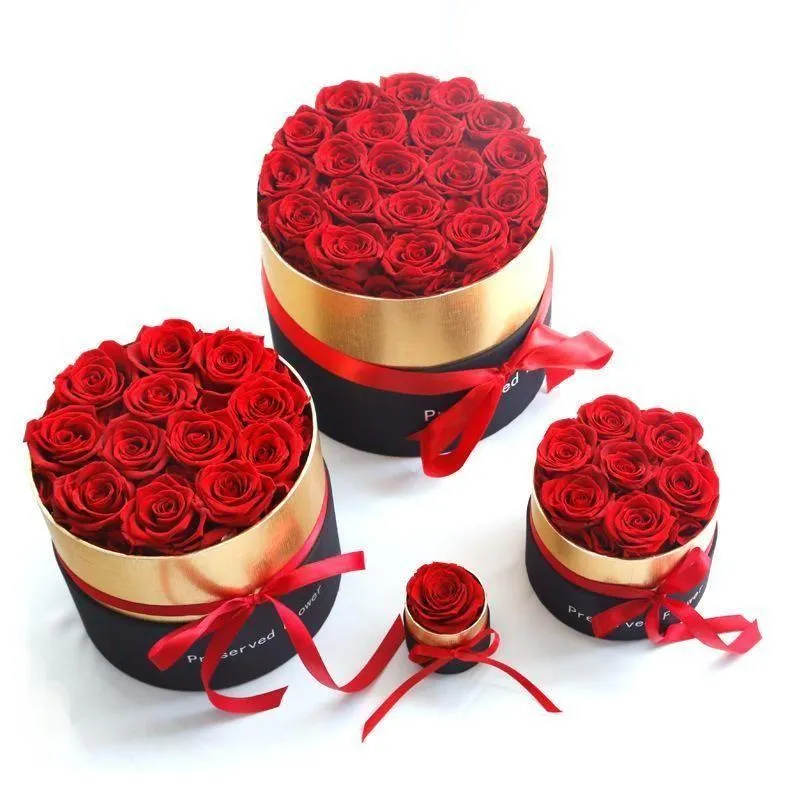 Dekoratif çiçek çelenkleri kırmızı gerçek korunmuş gül ebedi çiçek kutu seti buket anneler günü hediye romantik yıldönümü damlası de dhvwl