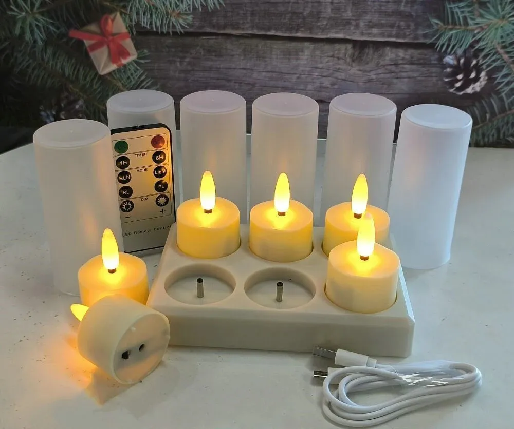 مجموعة من 6 LED LED Tealight 3D Flame Candles عن بُعد يتم التحكم فيها مع شمعة نذرية الموقت لحضور حفل زفاف ديكور حفل عيد الميلاد 240416