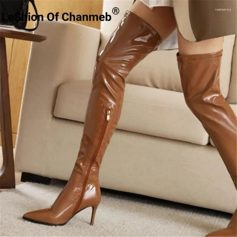 Stiefel Leshion von Chanmeb Big Plus Size 46 PU Patent Leder Oberschenkel Frauen Dünne Hochschulen überknochen lange Stiefel Damen Damen strecken