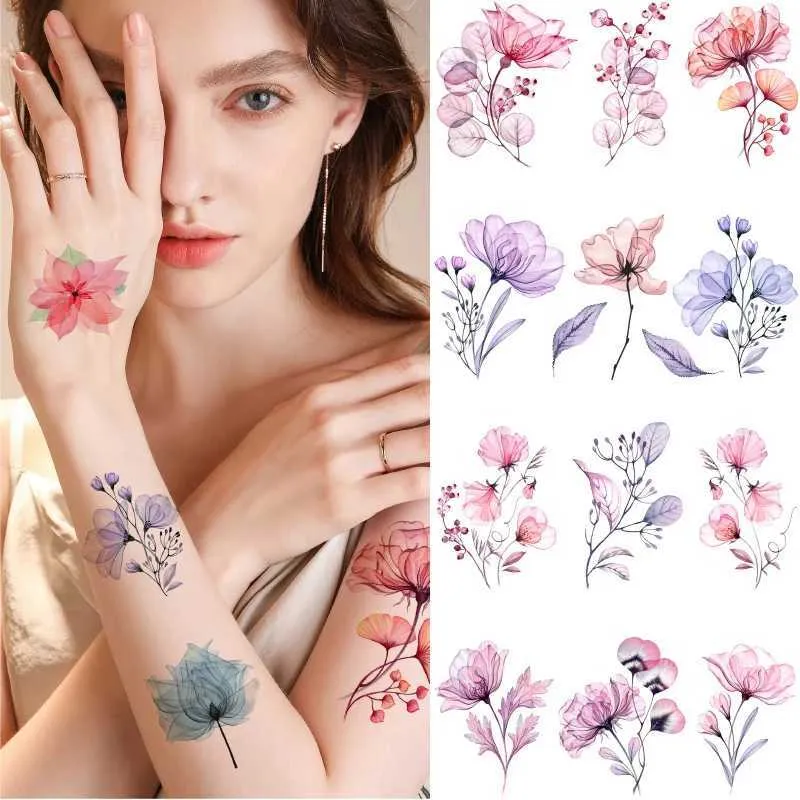 Dövme Transferi 1sheet Kadınlar Flowertemporary Dövme Sticker Su geçirmez Su geçirmez Su Transferi Sahte Dövme Uzun Kalıcı Vücut Sanat Bileği Boyun Sahte Dövmeler 240426