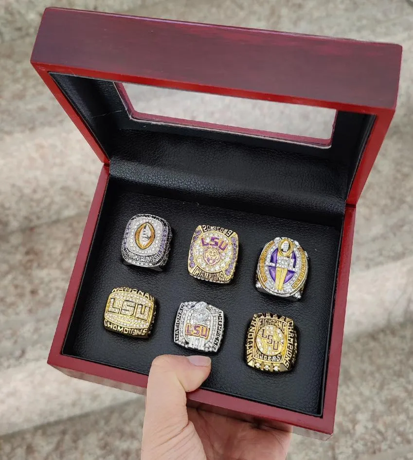 LSU 6PCS 1996 2003 2007 2018Tigers Nationals Champions Championship Ring with Wooding Box Souvenir Men Fan Gift 2019 2020 wholesal6936243