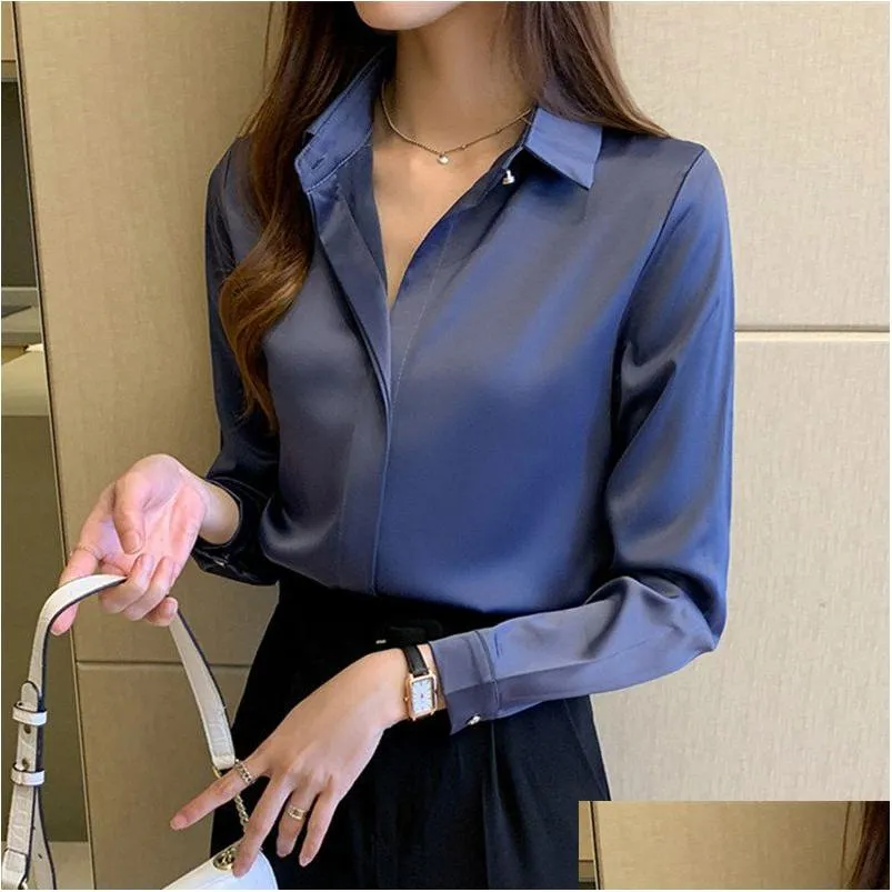 Chemises de chemisiers pour femmes chemises de soie femme à manches longues femme satin top femelle et chemisier de base dames tops ol femmes vêtements dhrua