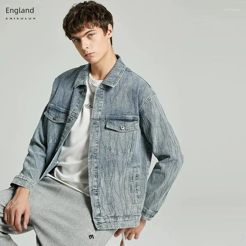 Men's Hoodies Yingjuelun Trendy Brand Fashion Wave Line Denim Coat Youth Spring And Autumn High Street Piaoshuai Casual Flip Neck Jacket