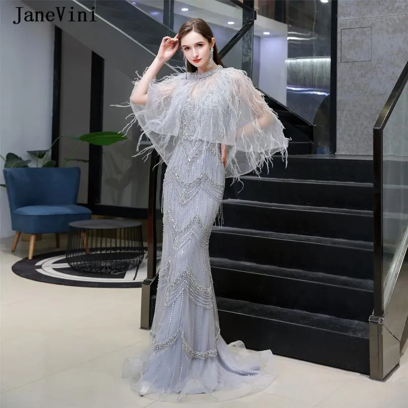 Party Dresses JaneVini Luxury Heavy Beading Dubai Mermaid Evening With Feathers Cape Grey Arabic Prom Dress Women Wedding Gowns