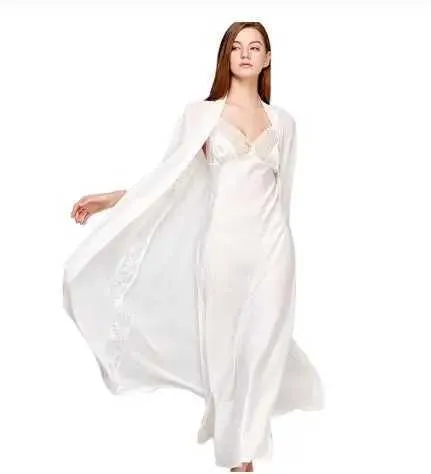 Vestido de Sling de roupas de sono feminino Sexy Slping Robe Robe de duas peças Silk Slpwear Mulheres elegantes Lady Lace Lace Long Slve Nightgown Robes Bath Robes T0008 Y240426