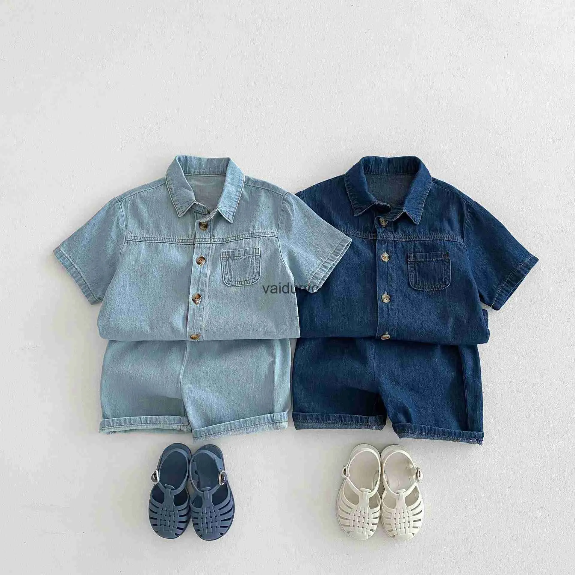 Kläder sätter barnkläder set denim flickor kläder kostym denim skjorta och shorts 2 st pojkar denim set ldren outfit h240509