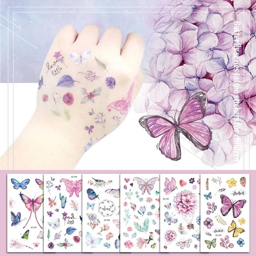 Tattoo Transfer Rocooart Butterfly Tattoo Aufkleber für Kinder Geburtstagsgeschenk süße falsche Taty Kids Body Art wasserdichte temporäre Tattoos Cartoon 240426