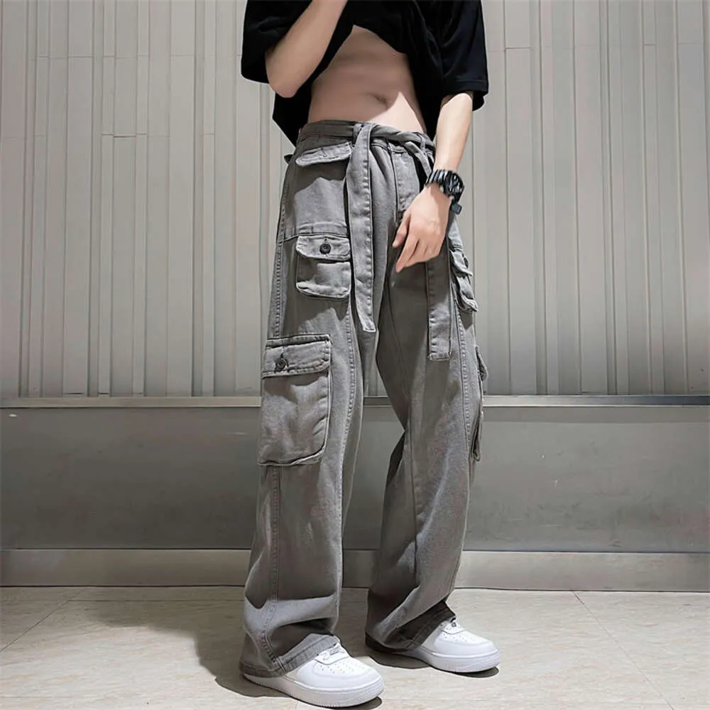 American Style Instagram Trendy High Street Multi Pocket Workwear Pants, Men's Loose Straight Casual Pants, Summer Drape Wide Leg Pants