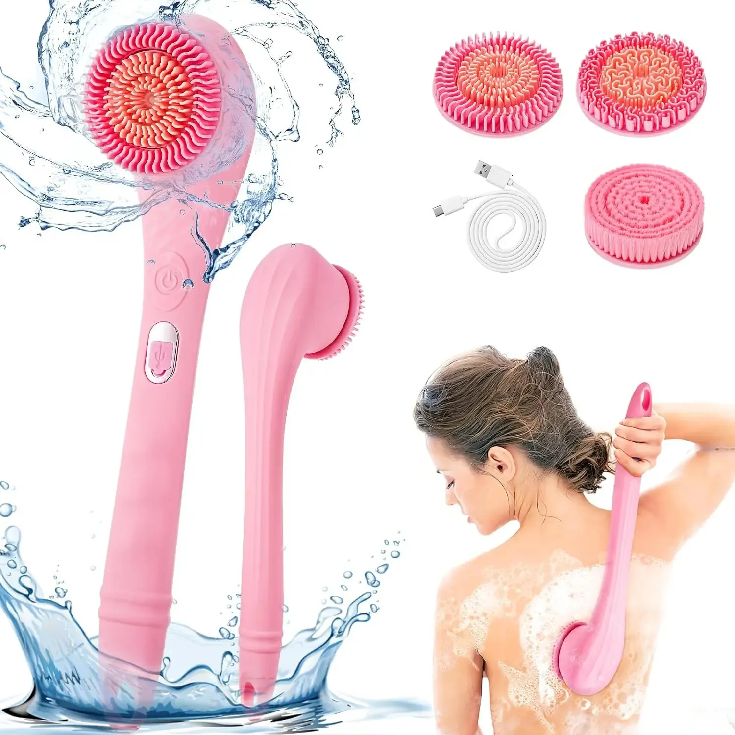 Brosse de corps électrique Brosse arrière Brouste à épurateur rechargeable Brosse de douche éproix 3 3 têtes de nettoyage 2 vitesses de brosse de bain massage exfoliator 240418