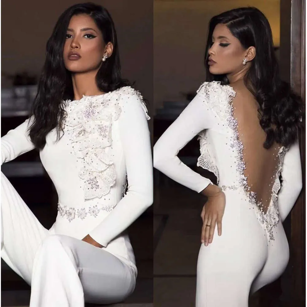 Jumpsuit prom witte schede lange mouw tule d kanten applique kralen gezien door rug formele avondfeestjurken