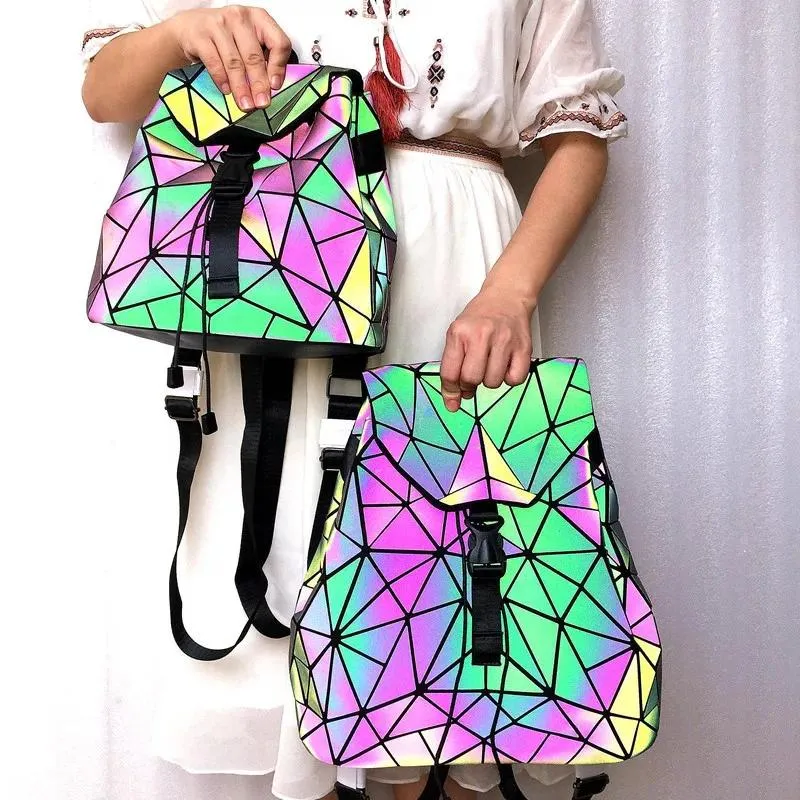 Rucksackstil Damenmodeimarke Luminous Student Fold Draw String School Tasche Holographic Geometric Rucksack