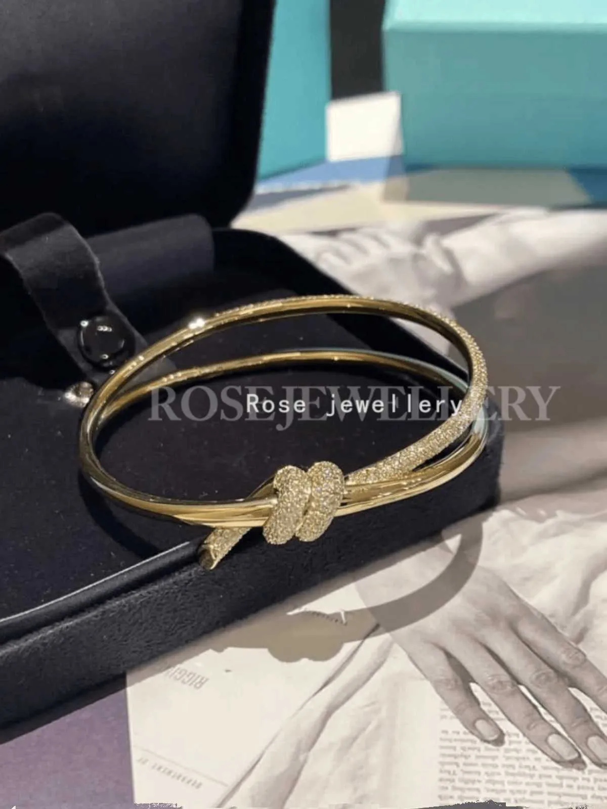Knoopreeks 18k Rose Gold Diamond Dubbele rij scharnierarmband met dezelfde stijl Tiffaygu Zempel als hoofddeksel