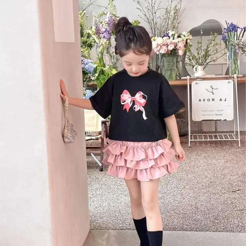 Clothing Sets 2024 Korea Girls Baby Summer Set Sweet Bow Tops Shirts Cake Skirts Kids Birthday Casual 2pcs Children Cothes
