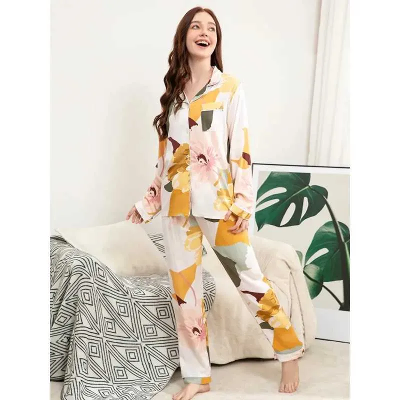 Women's Sleepwear Plus Size S-3XL Womens Pajama Set with Loose Fit and Double-Length Viscose Printing INS Style Pjamas for Women Y240426