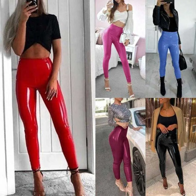 Nuovo marchio di design Donne Donne High Wile Skinny Pants Shiny PU Leggings Leggings Club Club Party Sexy Slim Fit Solid Fashion