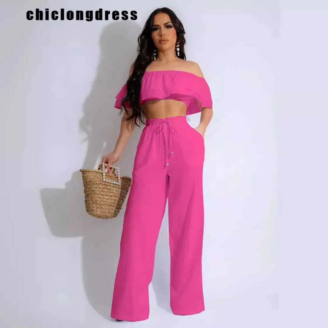 Women's Two Piece Pants Summer Fashion Solid Two Piece Set Women Casual Off Shoulder Top Wide Leg Pants Two Piece Set Women Y240426