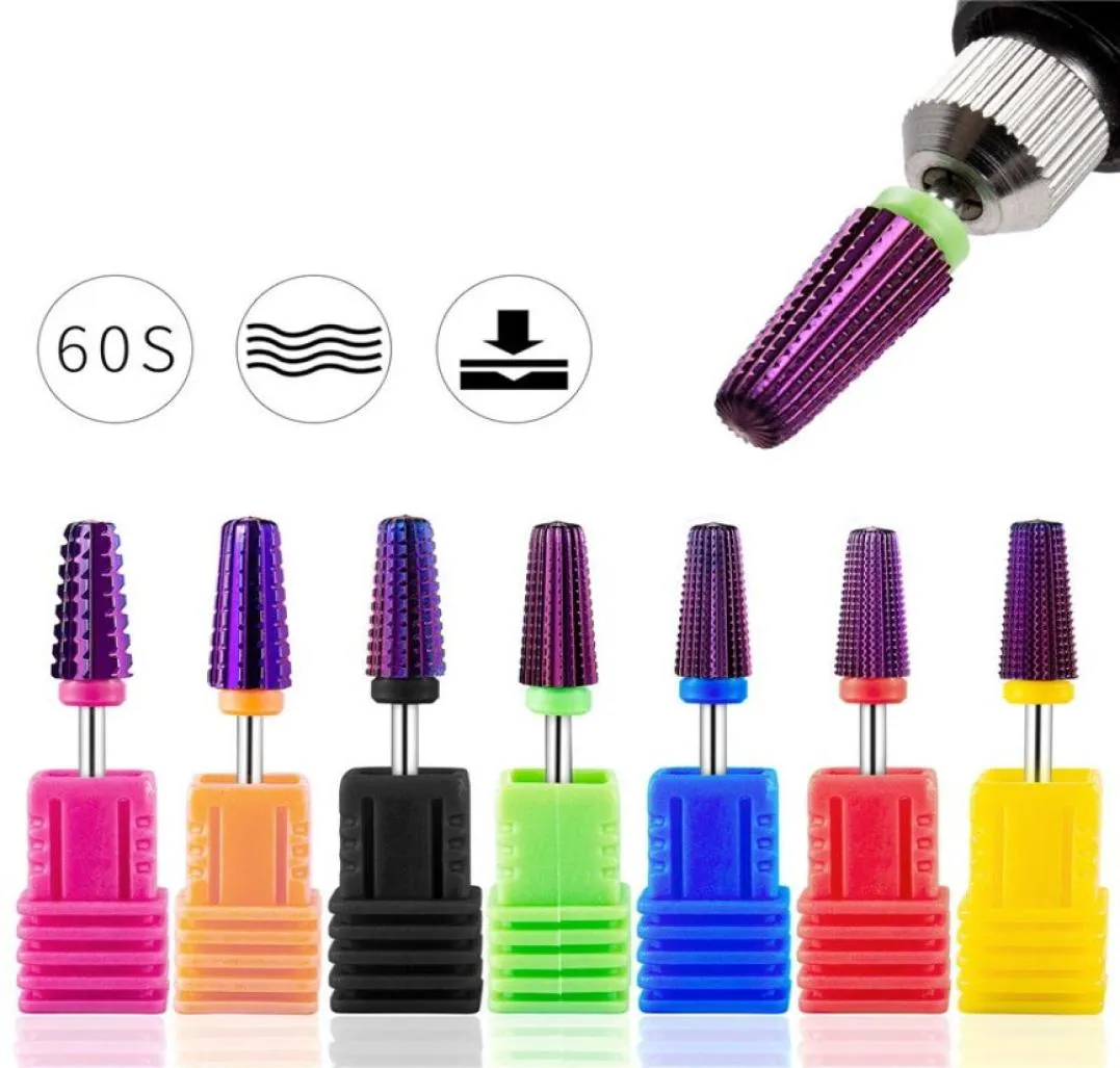 5 In 1 nagelboorbits Paarse gecoate wolfraamcarbide taps toelopende kop naar nagels voor manicure pedicure cuticle gel polish Verwijderen1175175