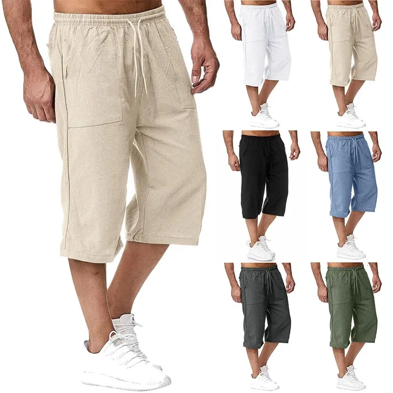 Shorts décontractés pour hommes d'été Cotton mélangés longs élastiques de la taille élastique de poche lâche crampon 3/4 long shorts quotidiens street ush 240419