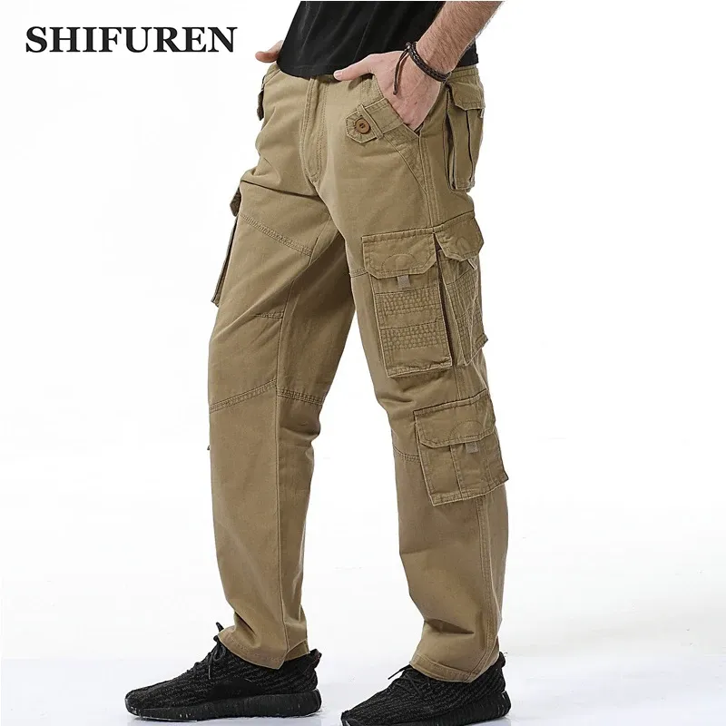 Calças Shifuren Fashion 2017 Men Baggy Cargo Pants Loose Fit Multi Pocket 100% Algodão Causa Pontas de Carga