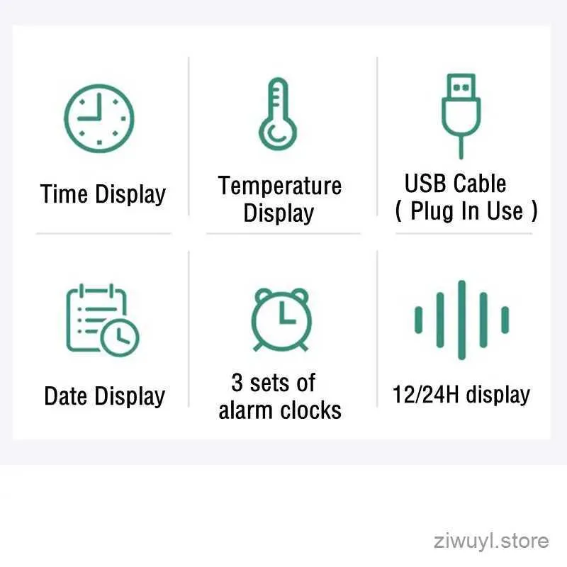Skrivbordsklockor plug-in Använd digital väckarklocka med temperaturfuktighet 3 larm Snooze bordsklocka nattläge 12/24 timmar USB elektronisk LED-klocka