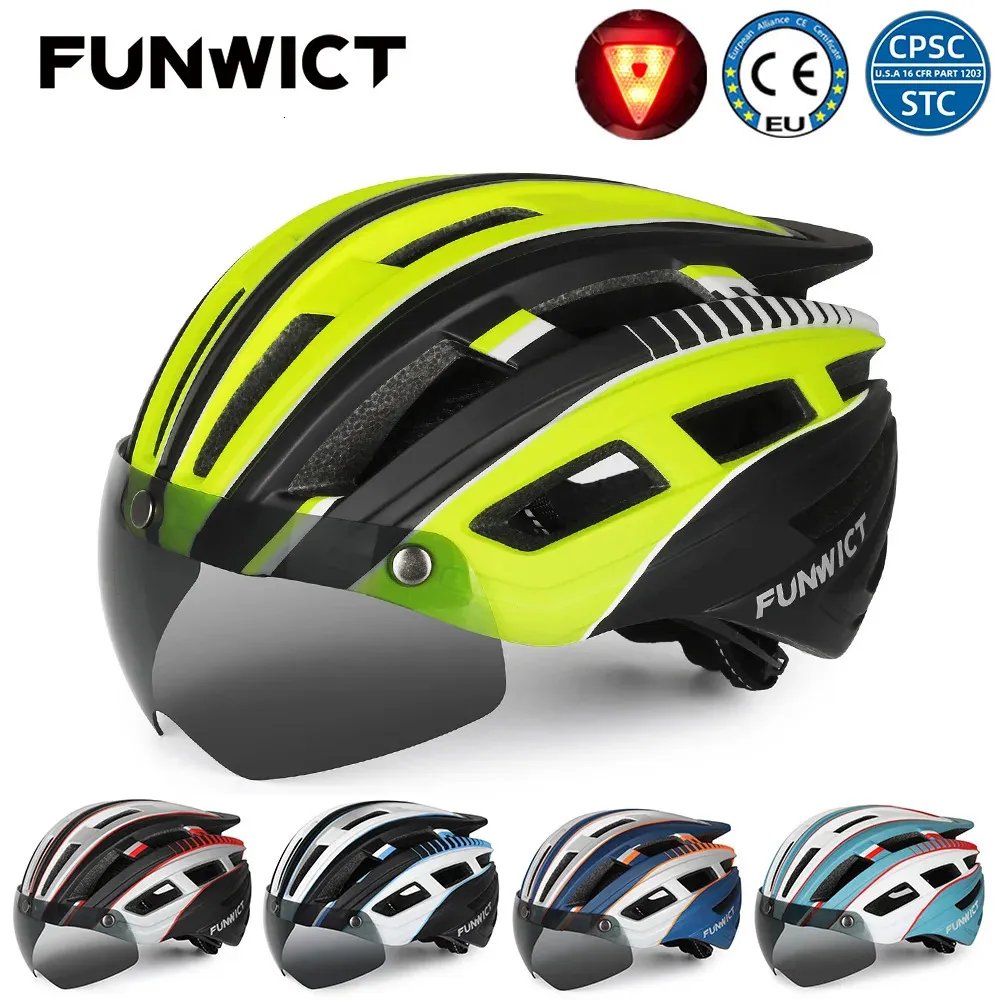 FUNWICT MTB Cycling Helmet Goggles Visor Rear Light Road Bicycle Safety For Men Motorcycle Scooter Mountain Racing Bike Helmets 240422
