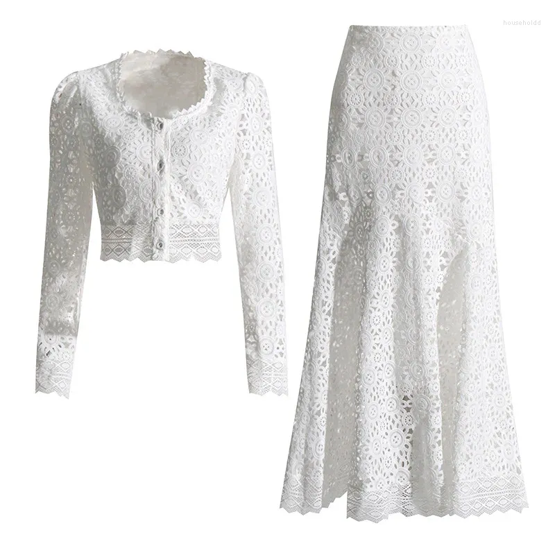 Work Dresses Brand Designer Flower Embroidery Holiday White Lace Two Piece Women Dress Sets Prom Evening Jackets Tops Long Maxi Skirts Suits
