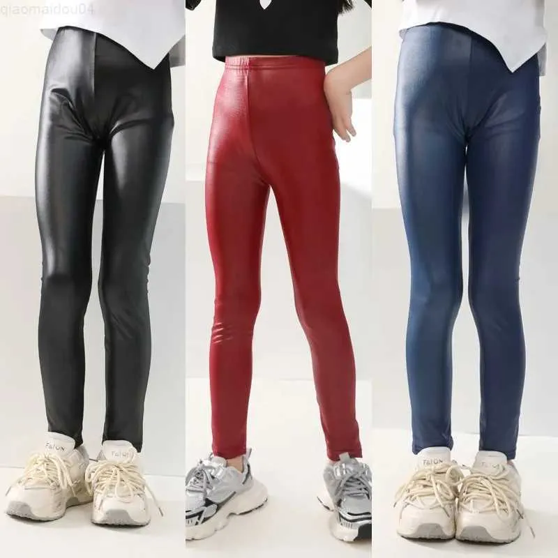 Trousers Girls Legs in Spring and Summer Thin Childrens Slim Fit Imitation Leather Pants Baby Elastic Pants 3-12 Years OldL2404