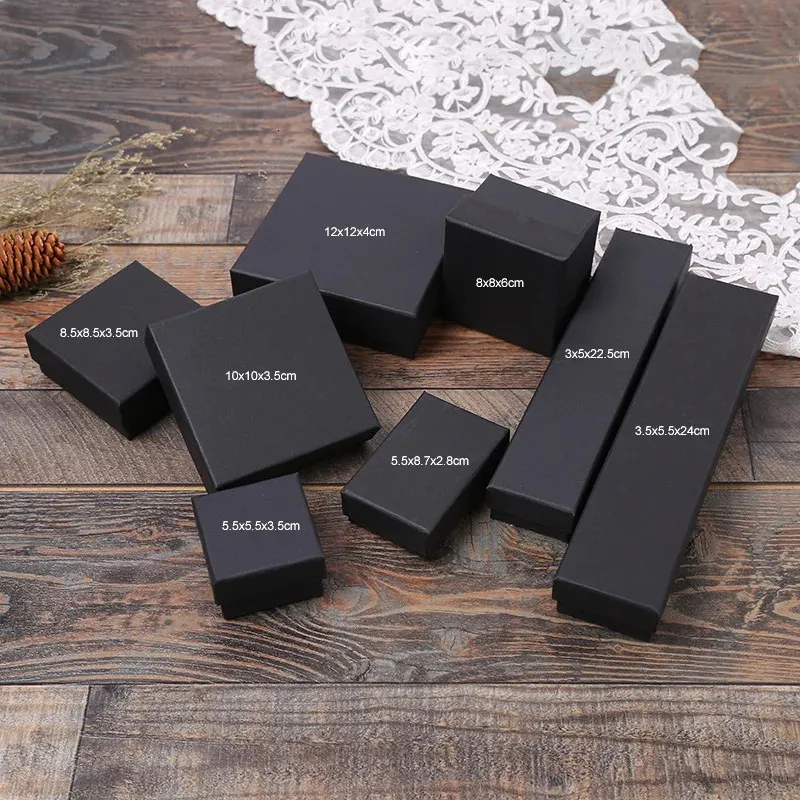 Högkvalitativ 10 PCS Black Kraft Paper Jewelry Present Box Organizer Charms Ring Watch Earring Display Gifts 240415