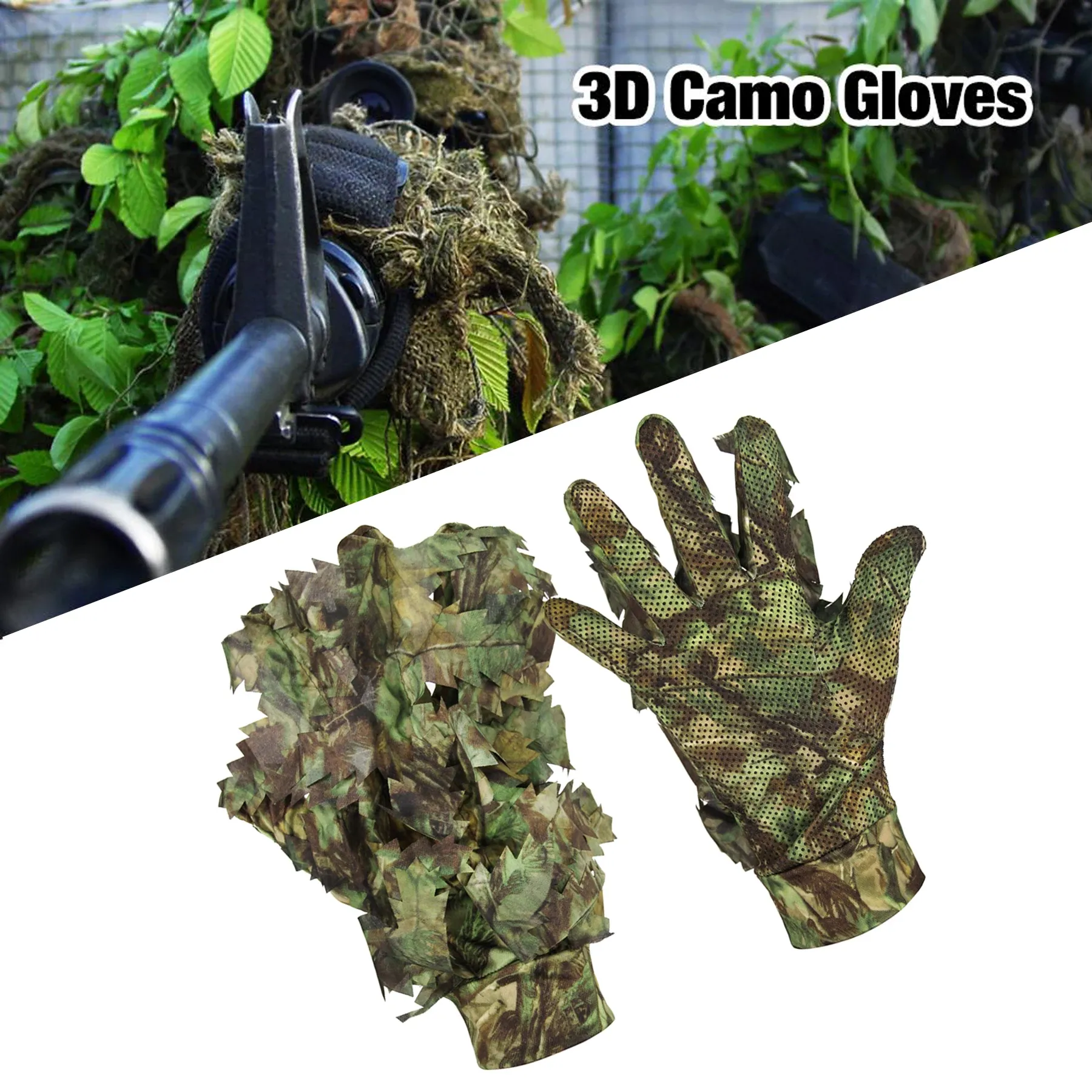 Gloves 1 Pair 3D Leaf Camo Gloves Full Finger For Outdoor Hunting Fishing CS Tactical Shooting Camo Gloves Unisex Cycling Mittens