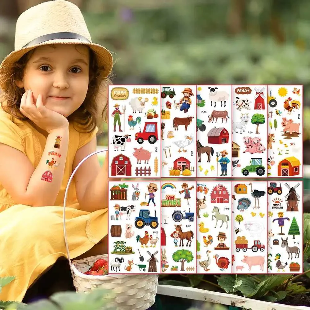 Tattoo Transfer 10Pcs/set Farm Animal Party Temporary Tattoos Sticker Barnyard Cow Horse Tractor Pig Sheep Kids Birthday Gift Decorations 240427