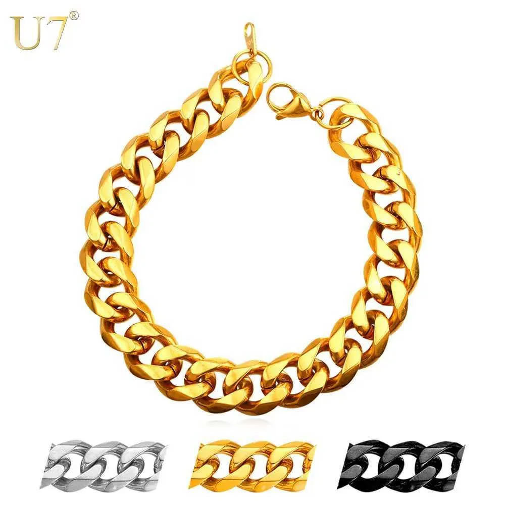 Strengen U7 Cubaanse kettingarmbandheren en damesgouden vergulde/zwart/roestvrijstalen stalen armband 3/6/9/12 mm hard gekrulde kettingarmband H1002 240424