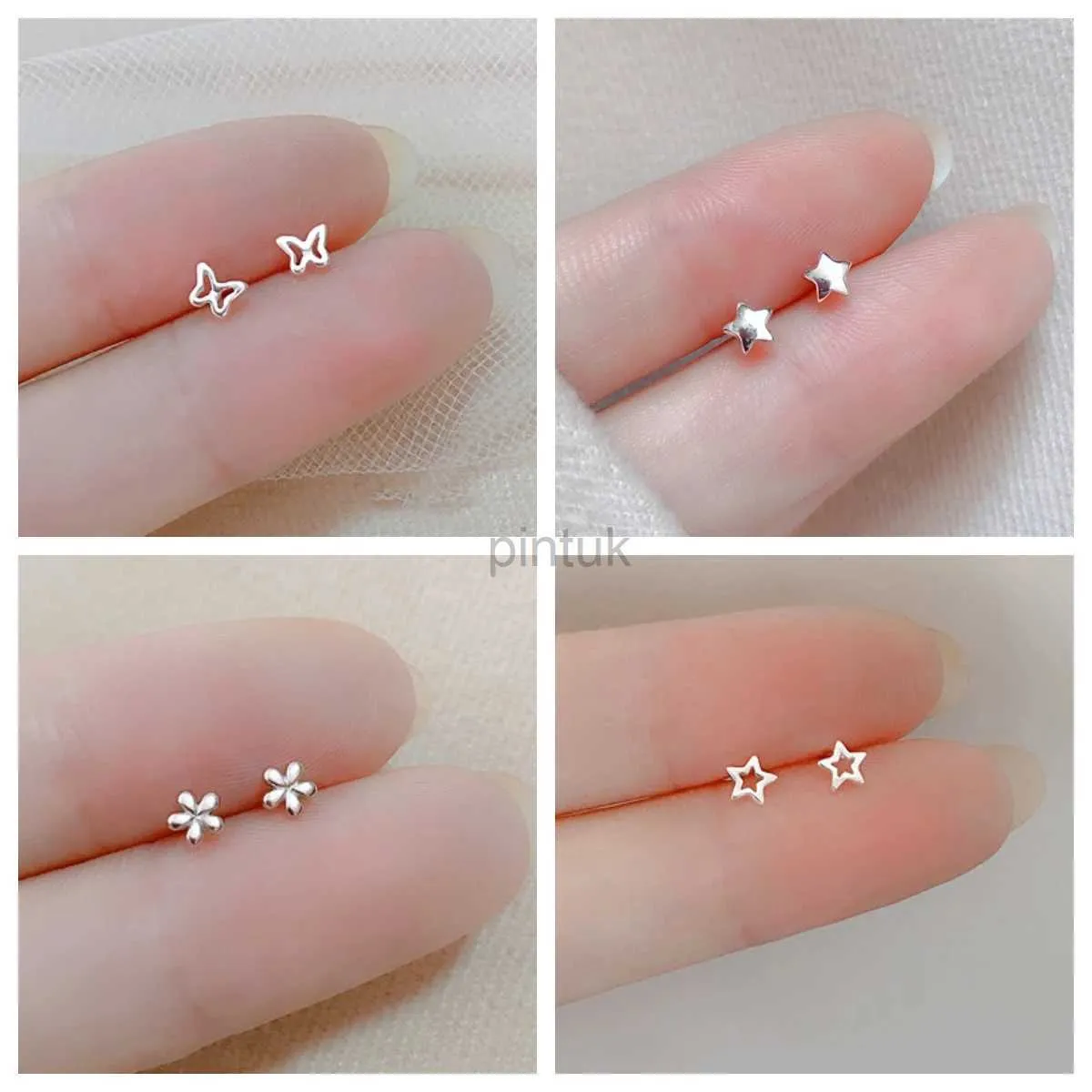 Stud 925 Silvernålar Silver Color Simple Small Heart Star Stud örhängen för kvinnor Hypoallergenic Daily Wear Ear Girls Pierc Gift D240426