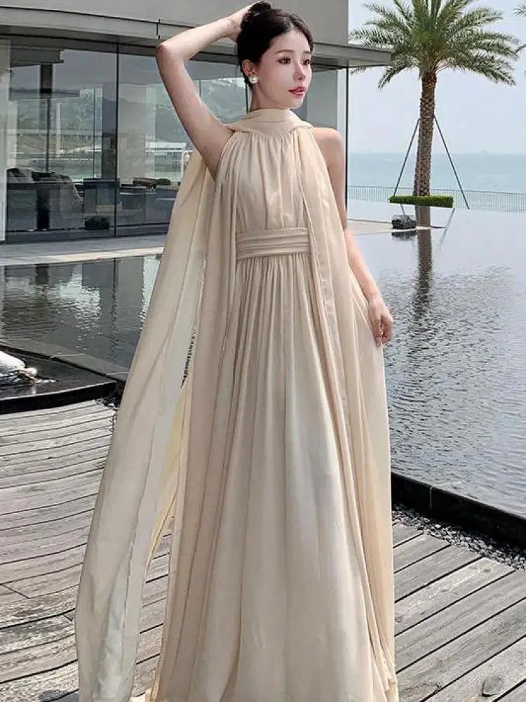 Lässige Kleider Französisch Beige elegante Urlaubshalter Backless Birthday Party Plisel Feenkleid Ein Linie Abschlussabend Kleider Langer Sommer