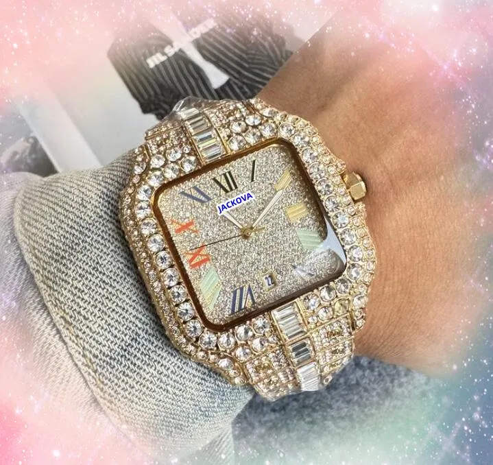 President Cool Herr Square Roman Tank Dial Watches Auto Day Date Time Shiny Starry Clock Quartz Battery Core Diamonds Ring Armband Watch Montre de Luxe Gifts