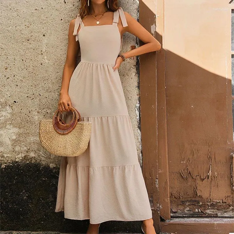 Casual Dresses Qybian Women's Boho Dress Summer Spaghetti Strap Square Neck Flowy Ruffle Beach Long Maxi