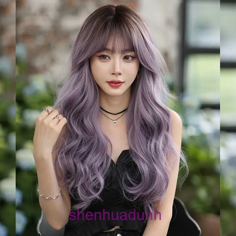 Wig Womens Long Curly Hair Grey Purple Top Dyed Fashion Headpiece Synthetic Fiber Simulation Full Set